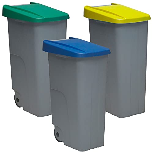 Denox PK3340 Pack Reciclaje Reciclo 110 litros Cerrado c/u: 330 litros totales, en 3 contenedores, en Colores Azul/Verde/Amarillo