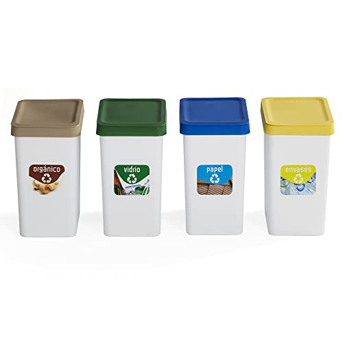 USE FAMILY Lote 4 Papeleras Reciclaje 12L Recycle. Reciclaje Vidrio, Papel, Envases y Orgánico. Pegatinas Reciclaje Incluidas. Cubos Basura Ecológico Plástico Reciclable.