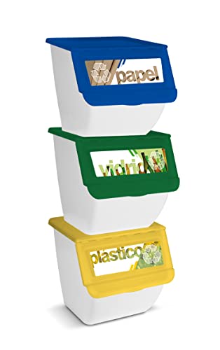 TIENDA EURASIA® Cubos de Basura de Reciclaje - Pack 3 Cubos Apilables de Cocina con Ruedas - Capacidad 36 L - Ideal para Reciclar (Plástico - Papel - Vidrio) (Blanco)