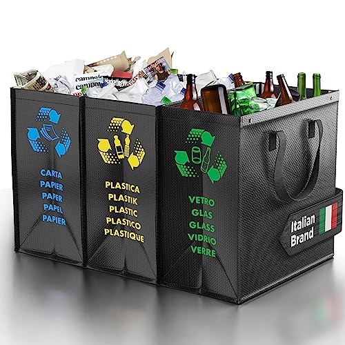 PTMS® Cubos de basura de reciclaje - 3 Cubo basura reciclaje para vidrio, papel y plástico - Bolsas reciclaje en colores estándar - Papelera cocina fácil de vaciar (Black Edition)